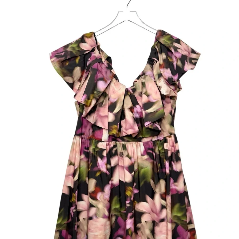ELOQUII Ruffle Neckline Pink Moody Floral Women’s Midi Dress Sz 16